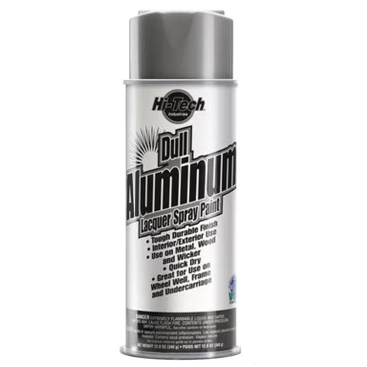 One can Hi-Tech Dull Aluminum Lacquer Spray Paint. Tough durable finish. Interior/exterior use. Use on Metal, wood and wicker. Quick dry. Great for use on wheel well, frame and undercarriage.