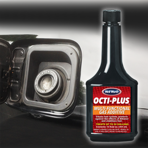Octi=Plus Multi-Functional Gas Additive next to a car's gas cap