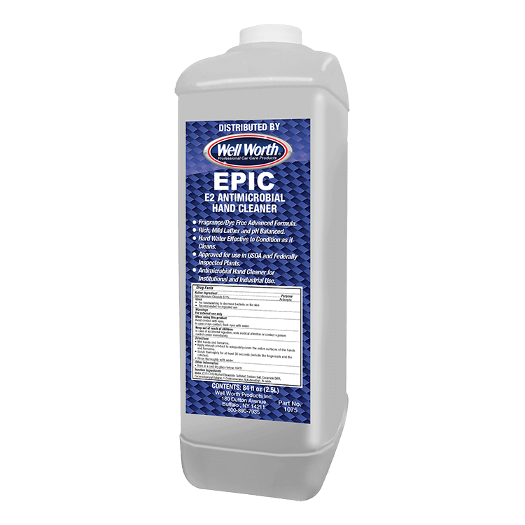 EPIC E2 ANTIMICROBIAL HAND CLEANER. Fragrance/dye free advanced formula. Rich, mild lather and pH balanced. Hard water effective to condition as it cleans. Approved for use in USDA and federally inspected plants. Antimicrobial hand cleaner for institutional and industrial use.