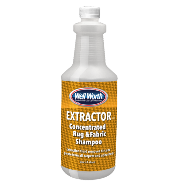 Well Worth Professional Car Care Products Extractor Concentrated Rug & Fabric Shampoo. Extraction fluid removes dirt and grease from all carpets and upholstery. One U.S. quart.