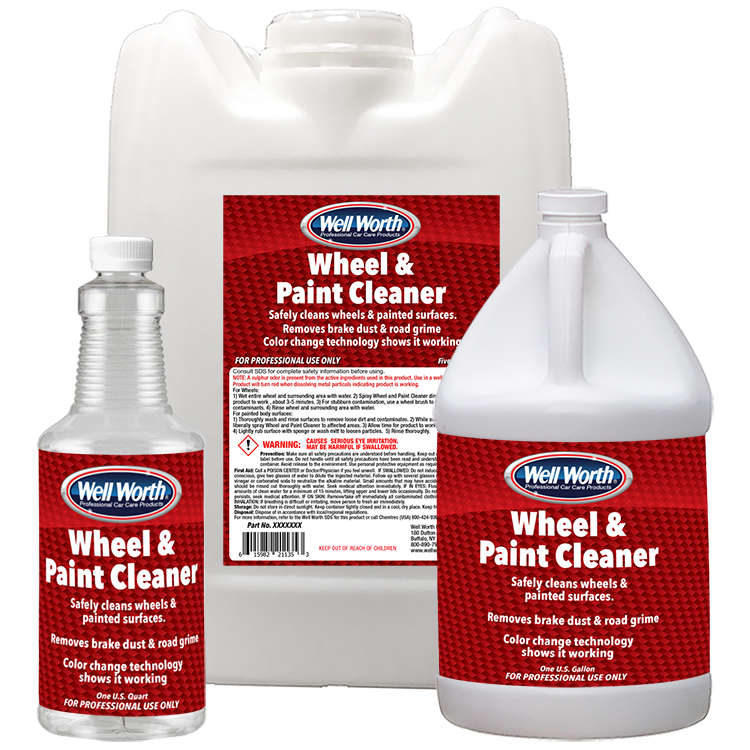 Well Worth Wheel & Paint Cleaner. Safely cleans wheels & painted surfaces. Removes brake dust & road grime. Color technology shows it working. One U.S. Quart 150432. One U.S. gallon 150401. Five U.S. gallons 15045C. For professional use only.