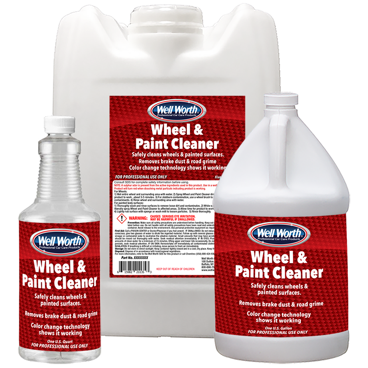 Wheel Paint Cleaner All Well Worth Wheel & Paint Cleaner. Safely cleans wheels & painted surfaces. Removes brake dust & road grime. Color technology shows it working. One U.S. Quart 150432. One U.S. gallon 150401. Five U.S. gallons 15045C. For professional use only.