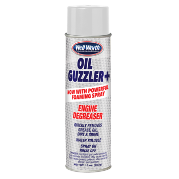 Well Worth Products Oil Guzzler + Engine Degreaser, now with powerful foaming spray. Quickly removes grease, oil, dirt & grime. Water soluble. Spray on, rinse off. Net wt. 16 oz. (453 g)