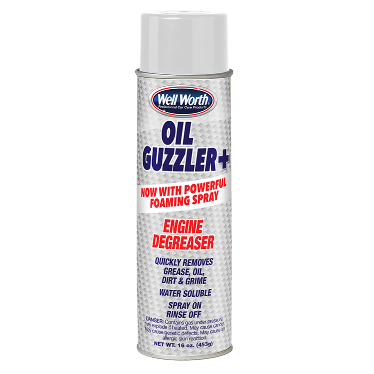 Well Worth Products Oil Guzzler + Engine Degreaser, now with powerful foaming spray. Quickly removes grease, oil, dirt & grime. Water soluble. Spray on, rinse off. Net wt. 16 oz. (453 g)