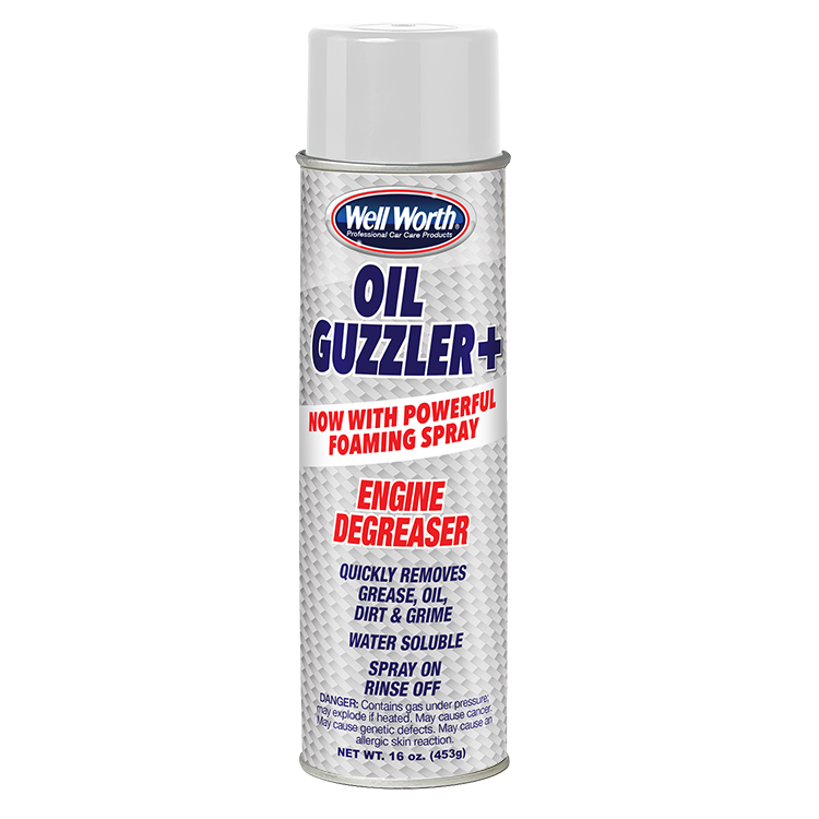 1018 Oil Guzzler + Well Worth Products Oil Guzzler + Engine Degreaser, now with powerful foaming spray. Quickly removes grease, oil, dirt & grime. Water soluble. Spray on, rinse off. Net wt. 16 oz. (453 g)
