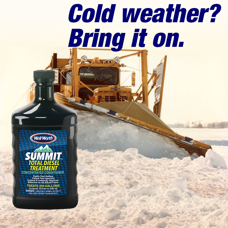 one quart of Summit Total Diesel Treatment over a photo of a snowplow pushing deep snow with the slogan: Cold weather? Bring it on.