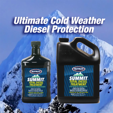 one quart and one gallon of Summit Total Diesel Treatment in front of a photo of a mountain with slogan Ultimate Cold Weather Diesel Protection