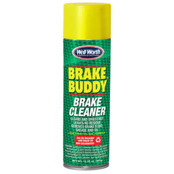 Photo of can: Well Worth Professional Car Care Products Brake Buddy Brake Cleaner. Cleans and dries fast. Leaves no residue. Removes brake fluid, grease and oil. Can be recycled with waste oil. Non chlorinated.