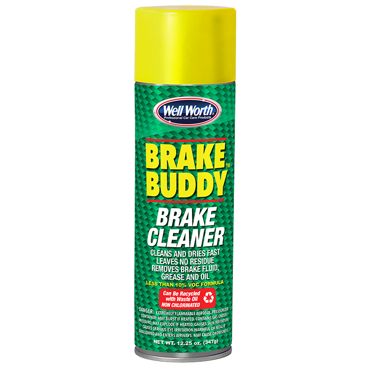 Photo of can: Well Worth Professional Car Care Products Brake Buddy Brake Cleaner. Cleans and dries fast. Leaves no residue. Removes brake fluid, grease and oil. Can be recycled with waste oil. Non chlorinated.
