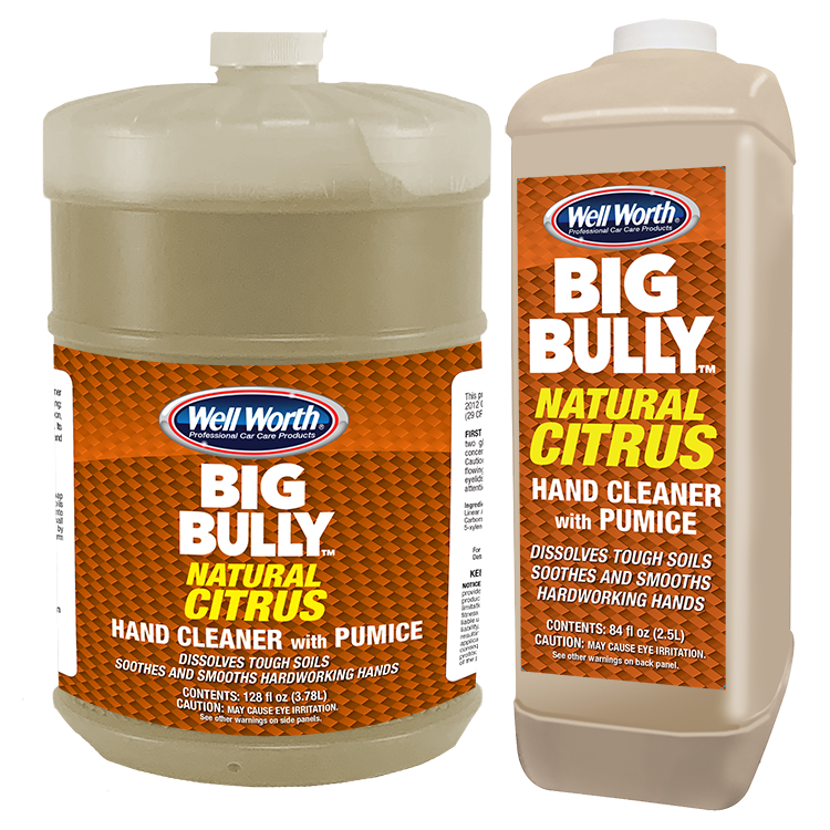 Well Worth Professional Car Care Products Big Bully Natural Citrus Hand Cleaner with Pumice. Gallon and 84 oz size. Dissolves tough soils and smooths hardworking hands.