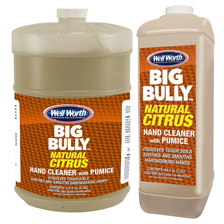 Big Bully Citrus Combo copy Well Worth Professional Car Care Products Big Bully Natural Citrus Hand Cleaner with Pumice. Gallon and 84 oz size. Dissolves tough soils and smooths hardworking hands.
