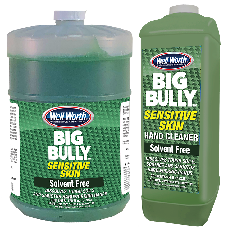 Well Worth Professional Car Care Products Big Bully Sensitive Skin Solvent Free Hand Cleaner. Gallon and 84 oz. size. Dissolves tough soils and smooths hardworking hands.