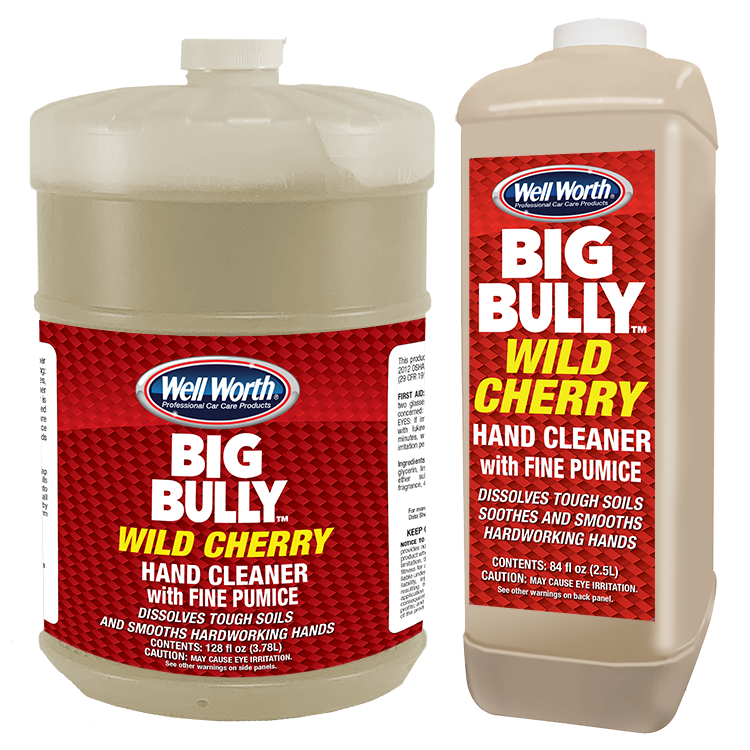 Well Worth Professional Car Care Product Big Bully Wild Cherry Hand Cleaner with Fine Pumice. Gallon and 84 oz. size. Dissolves tough soils and smooths hardworking hands.