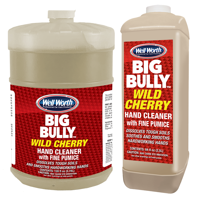 Big Bully WC Combo Well Worth Professional Car Care Product Big Bully Wild Cherry Hand Cleaner with Fine Pumice. Gallon and 84 oz. size. Dissolves tough soils and smooths hardworking hands.