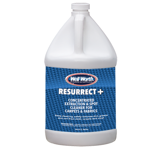 Well Worth Professional Car Care Products Resurrect+ concentrated extraction & spot cleaner for carpets & fabrics. Deep cleaning, safely removes dirt, grease and soil from cloth, carpets and vinyl. One U.S. Gallon.