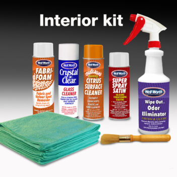 Well Worth Professional Car Care Products Interior Kit. One can Fabri-Foam fabric and velour spot remover, one can Crystal clear glass cleaner, one can Foaming Citrus Surface Cleaner, one can Super Spray Satin silicone conditioning coating, one quart Wipe Out odor eliminator, four green microfiber towels and one vent duster brush.