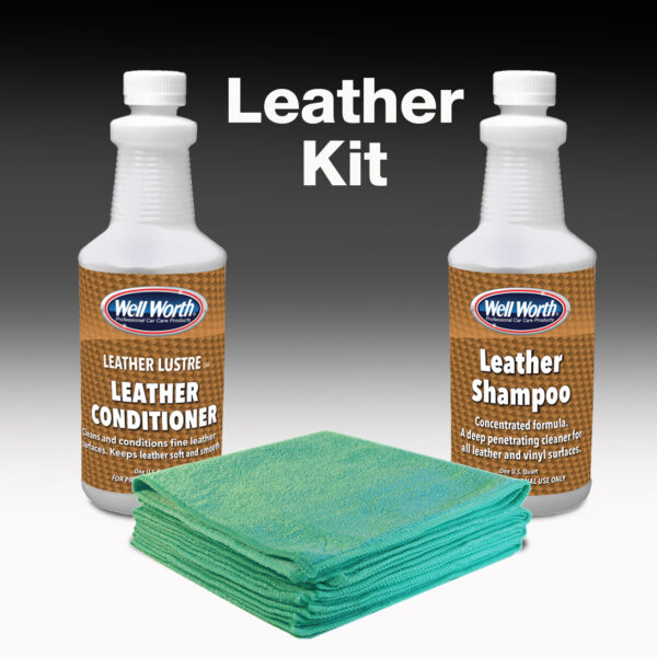 Well Worth Professional Car Care Products Leather Kit. One quart of Leather Lustre Leather conditioner, 4 green microfiber towels, 1 quart Leather Shampoo
