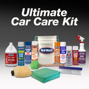 Well Worth Professional Car Care Products Ultimate Car Care Kit. One gallon Sud'z and Shine wash 'n wax liquid car soap, one can KleenSeek foaming battery cleaner, one can Slippery Stuff silicone spray lubricant, one can Fabri-Foam fabric and velour spot remover, one 5-gallon capacity pail, one can Foaming Citrus Surface Cleaner, one can Crystal Clear glass cleaner, one can A2Z All Purpose Lubricant, one can Super Spray Satin silicone conditioning coating, one quart Dazzle water base silicone dressing, one wash mitt, four green microfiber towels, one long handled fender & wheel brush and one rigid water blade squeegee.