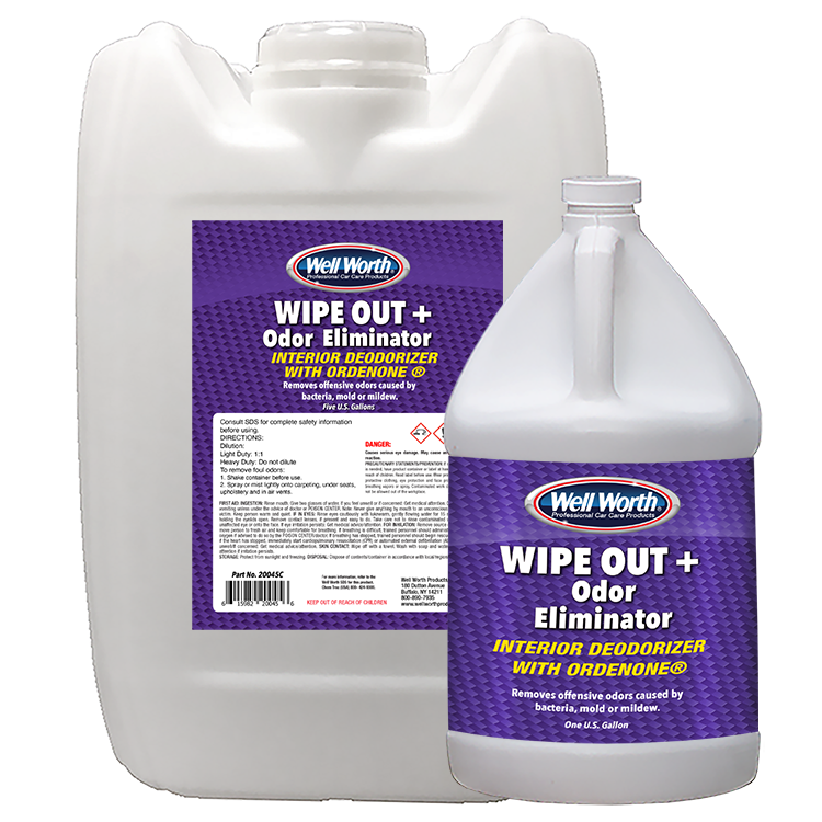 Well Worth Professional Car Car Products WIPE OUT+ Odor Eliminator. Interior deodorizer with Ordenone (R). Removes offensive odors caused by bacteria, mold or mildew. Five U.S. Quarts 20045C. One U.S. Gallon 20041.