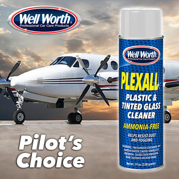 Photo of Well Worth Professional Car Care Products Plexall plastic & tinted glass cleaner in front of an airplane.