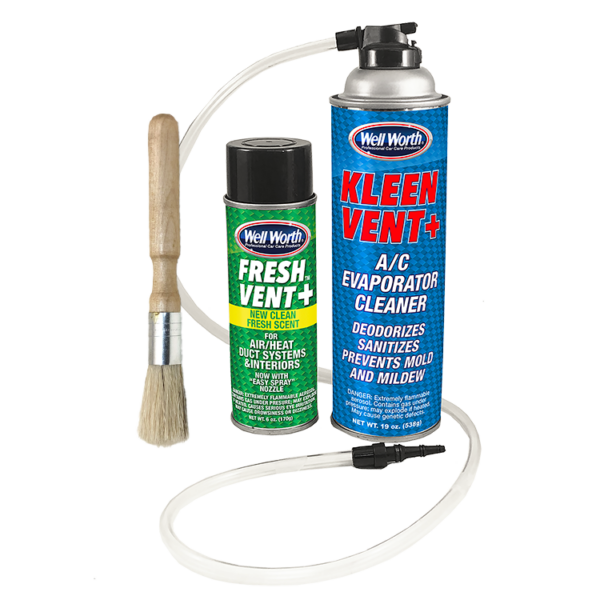 Photo of Well Worth Professional Car Care Products A/C Refresher Kit: one vent duster brush, one can of Fresh Vent+, one can of Kleen Vent+, one adaptor hose