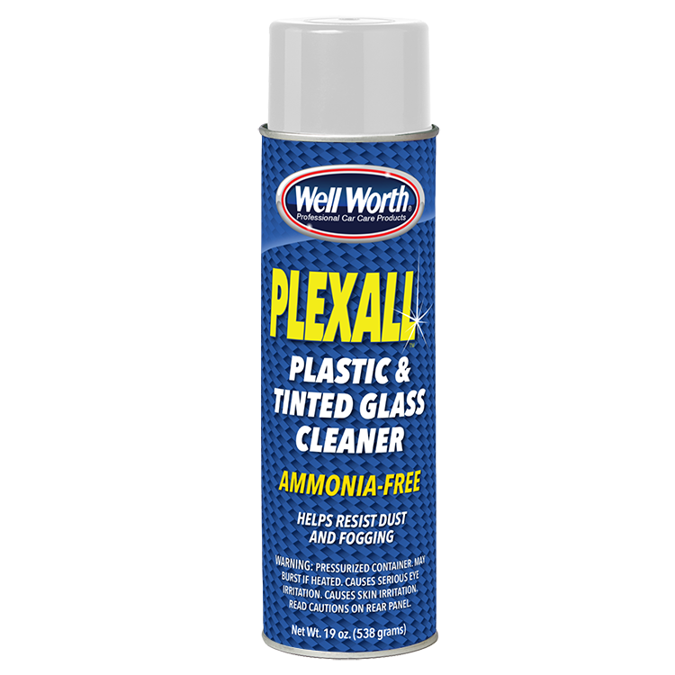 A photo of one can of Well Worth Professional Car Care Products Plexall Plastic & Tinted Glass Cleaner. Ammonia-free, helps resist dust and fogging. New wt. 19 oz. (538 grams)