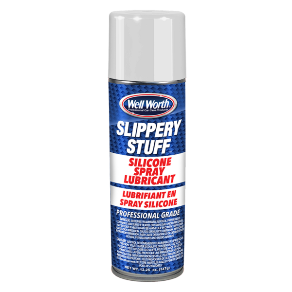 A photo of one can Well Worth Professional Car Care Products Slippery Stuff Silicone Spray Lubricant. Professional grade. Net weight 12.25 oz. (347 g).