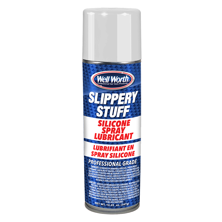 A photo of one can Well Worth Professional Car Care Products Slippery Stuff Silicone Spray Lubricant. Professional grade. Net weight 12.25 oz. (347 g).