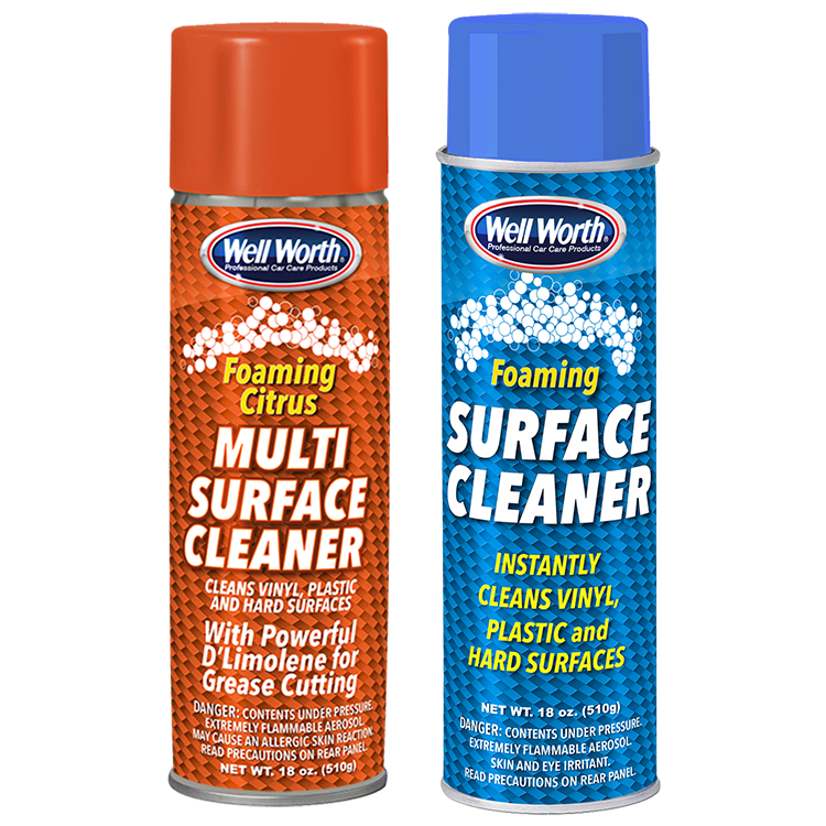Photo of 2 cans side by side. Well Worth Professional Care Products Foaming Citrus Multi Surface Cleaner and Foaming Surface Cleaner.