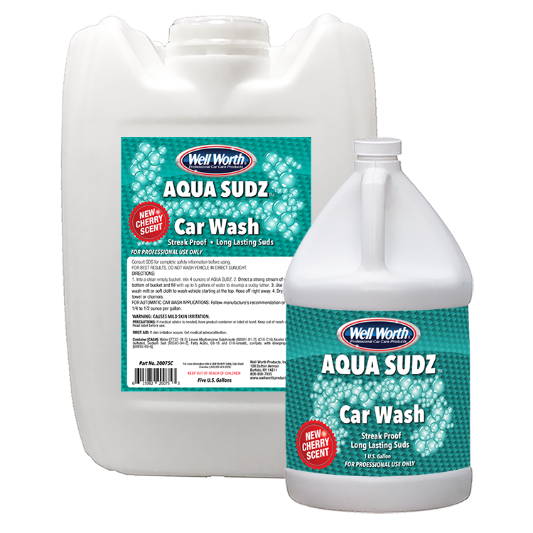 One 5-gallon cube and one gallon bottle of Well Worth Products Aqua Sudz Car Wash with new cherry scent